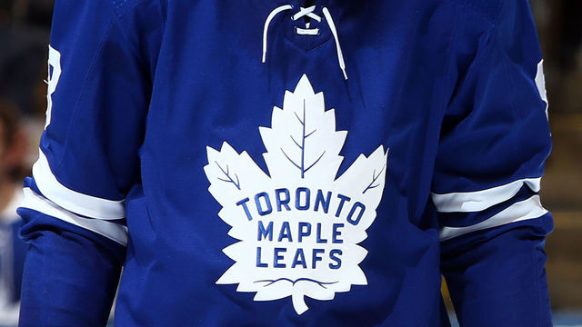 TORONTO, ON - OCTOBER 02: Toronto Maple Leafs logo on jersey during an NHL game against the Ottawa Senators at Scotiabank Arena on October 2, 2019 in Toronto, Canada.