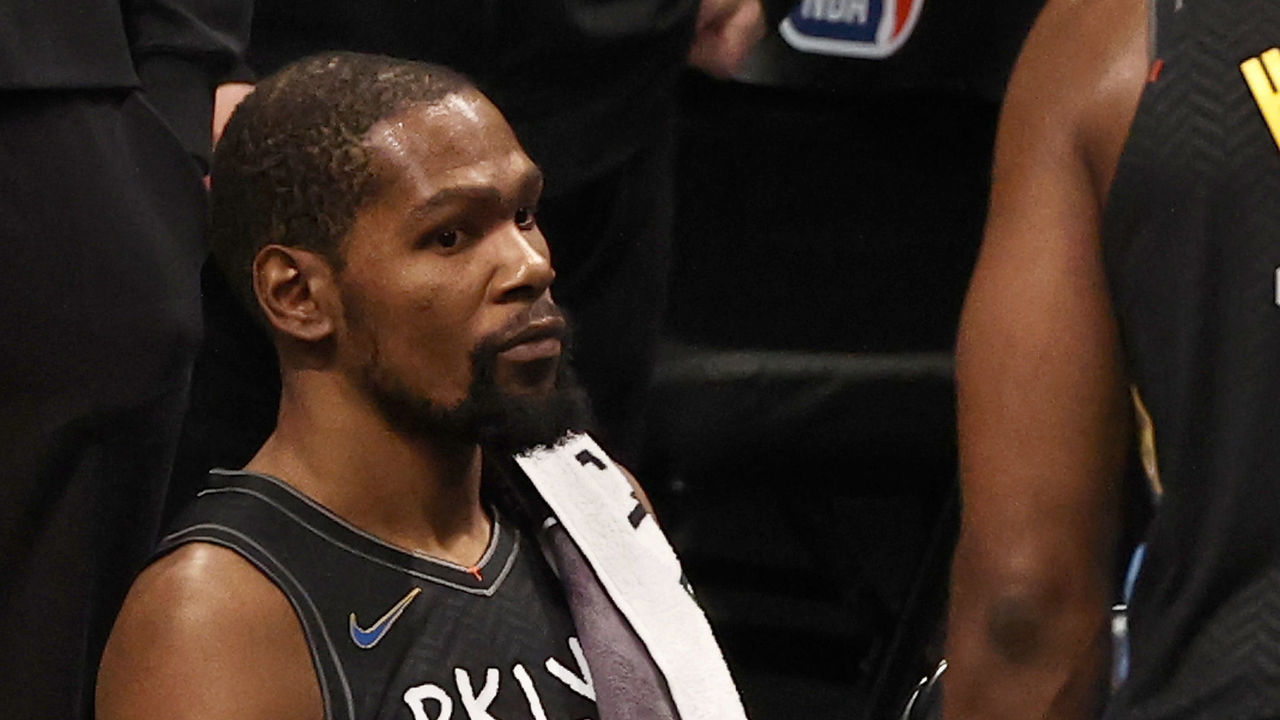 NEW YORK, NEW YORK - FEBRUARY 05: Kevin Durant #7 of the Brooklyn Nets reacts as he sits during a time out against the Toronto Raptors at Barclays Center on February 05, 2021 in New York City. Durant, initially called for a foul, a coach's challenge the on the call was was successful and it was overturned. Durant was not charged with a foul. Durant left the court after contact tracing determined he had contact with someone who tested positive for Covid-19.