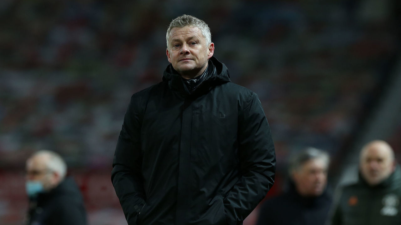 MANCHESTER, ENGLAND - FEBRUARY 06: Manager Ole Gunnar Solskjaer of Manchester United walks off after the Premier League match between Manchester United and Everton at Old Trafford on February 06, 2021 in Manchester, England. Sporting stadiums around the UK remain under strict restrictions due to the Coronavirus Pandemic as Government social distancing laws prohibit fans inside venues resulting in games being played behind closed doors.