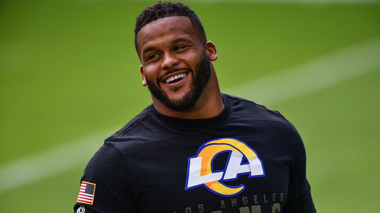 MIAMI GARDENS, FLORIDA - NOVEMBER 01: Aaron Donald #99 of the Los Angeles Rams looks on prior to the game against the Miami Dolphins at Hard Rock Stadium on November 01, 2020 in Miami Gardens, Florida.
