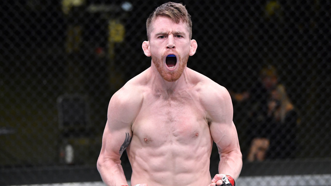 LAS VEGAS, NEVADA - FEBRUARY 06: Cory Sandhagen reacts after his knockout victory over Frankie Edgar in their bantamweight fight during the UFC Fight Night event at UFC APEX on February 06, 2021 in Las Vegas, Nevada.