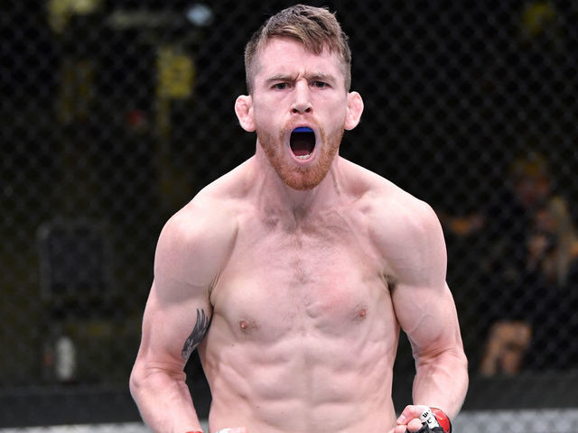 LAS VEGAS, NEVADA - FEBRUARY 06: Cory Sandhagen reacts after his knockout victory over Frankie Edgar in their bantamweight fight during the UFC Fight Night event at UFC APEX on February 06, 2021 in Las Vegas, Nevada.