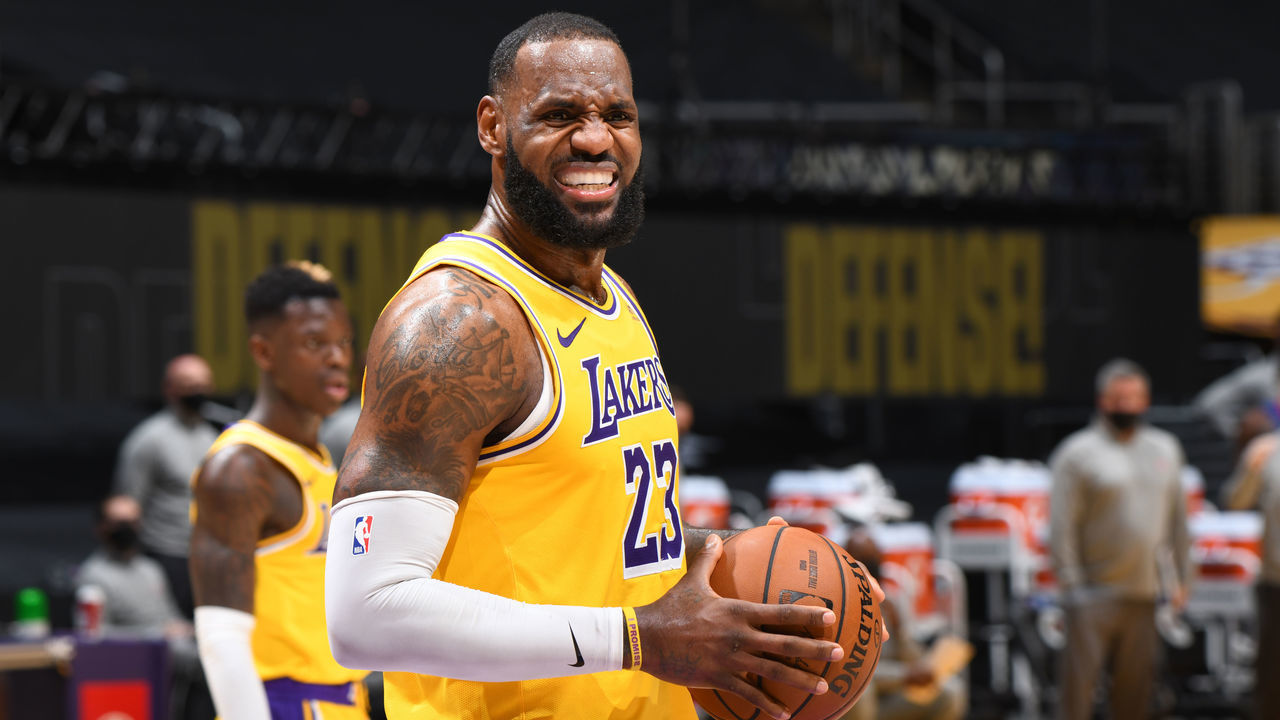 LOS ANGELES, CA - FEBRUARY 6: LeBron James #23 of the Los Angeles Lakers looks on during the game against the Detroit Pistons on February 6, 2021 at STAPLES Center in Los Angeles, California. NOTE TO USER: User expressly acknowledges and agrees that, by downloading and/or using this Photograph, user is consenting to the terms and conditions of the Getty Images License Agreement. Mandatory Copyright Notice: Copyright 2021 NBAE