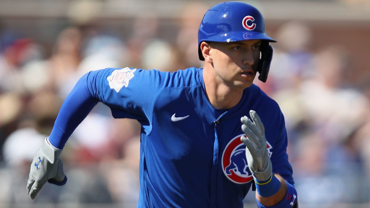 PEORIA, ARIZONA - FEBRUARY 24: Albert Almora Jr. #5 of the Chicago Cubs runs to first base during the MLB spring training game against the Seattle Mariners at Peoria Stadium on February 24, 2020 in Peoria, Arizona.