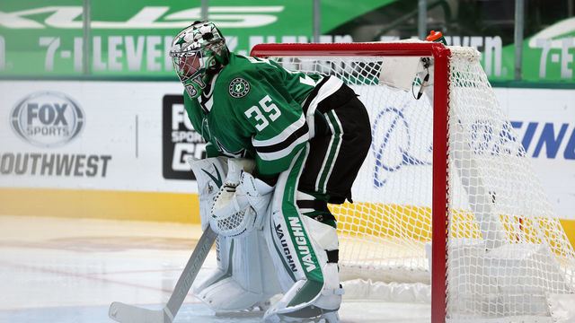DALLAS, TEXAS - JANUARY 22: Anton Khudobin #35 of the Dallas Stars at American Airlines Center on January 22, 2021 in Dallas, Texas.