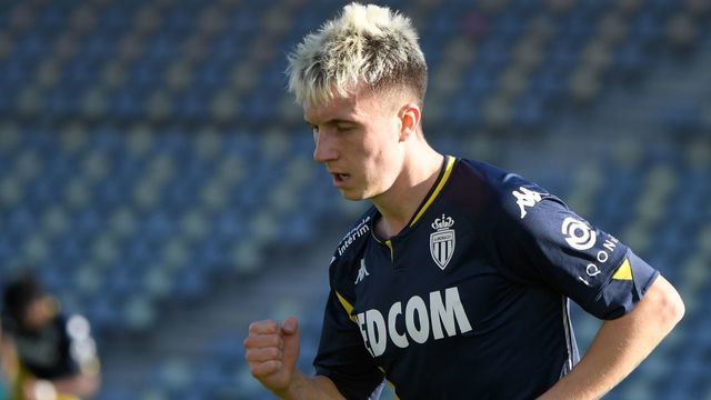 Monaco's Russian midfielder Aleksandr Golovin celebrates after scoring a goal during the French L1 football match between Nimes and Monaco at the Costieres Stadium in Nimes on February 7, 2021.