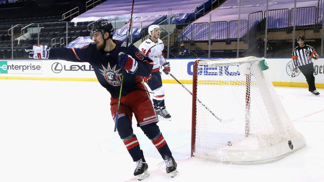 NEW YORK, NEW YORK - FEBRUARY 04: Pavel Buchnevich #89 of the New York Rangers celebrates his empty net goal against the Washington Capitals at Madison Square Garden on February 04, 2021 in New York City. The Rangers defeated the Capitals 4-2.