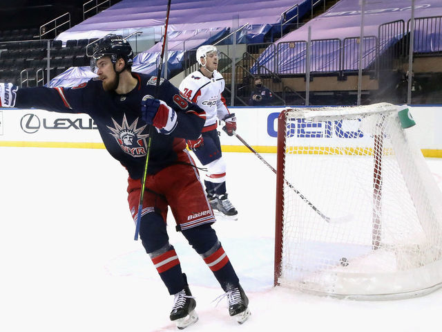 NEW YORK, NEW YORK - FEBRUARY 04: Pavel Buchnevich #89 of the New York Rangers celebrates his empty net goal against the Washington Capitals at Madison Square Garden on February 04, 2021 in New York City. The Rangers defeated the Capitals 4-2.