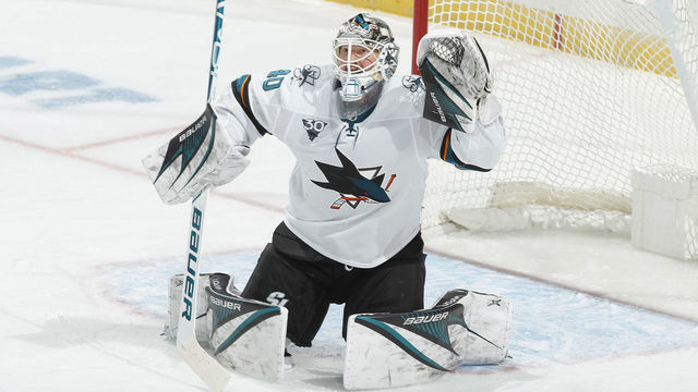 SAINT PAUL, MN - JANUARY 22: Devan Dubnyk #40 of the San Jose Sharks defends his goal against the Minnesota Wild during the game at the Xcel Energy Center on January 22, 2021 in Saint Paul, Minnesota.