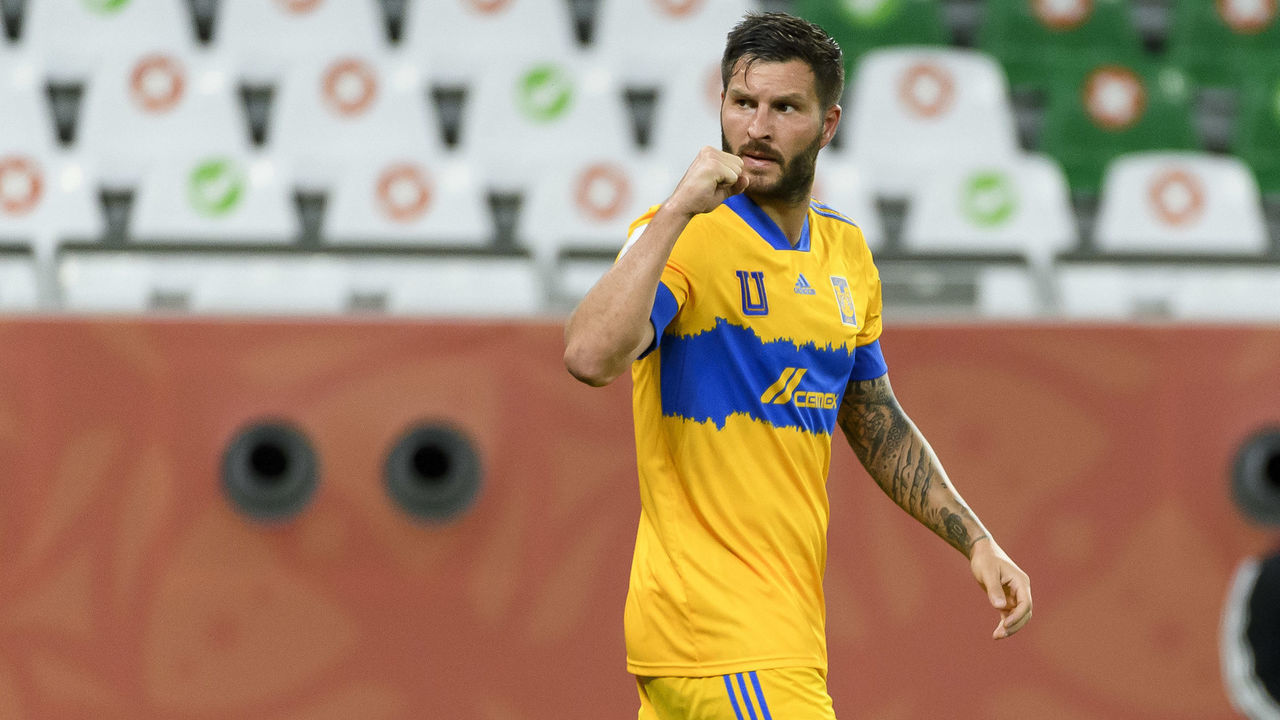 DOHA, QATAR - FEBRUARY 07: (BILD ZEITUNG OUT) Andre-Pierre Gignac of Tigres UANL celebrates after scoring his team's first goal during the semi-final match between Palmeiras and Tigres UANL at Education City Stadium on February 7, 2021 in Doha, Qatar.