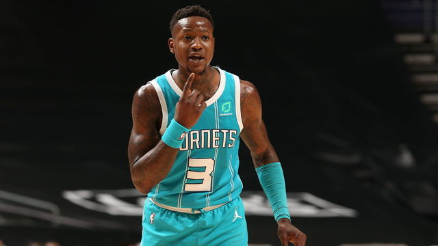 CHARLOTTE, NC - FEBRUARY 7: Terry Rozier #3 of the Charlotte Hornets looks on during the game against the Washington Wizards on February 7, 2021 at Spectrum Center in Charlotte, North Carolina. Mandatory Copyright Notice: Copyright 2021 NBAE