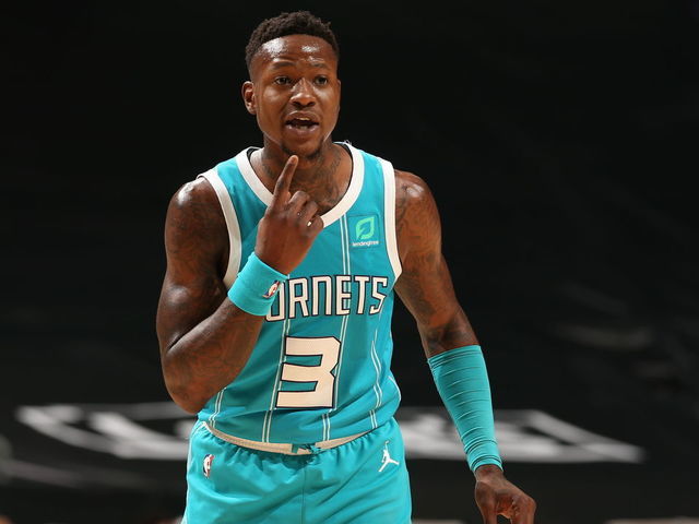 CHARLOTTE, NC - FEBRUARY 7: Terry Rozier #3 of the Charlotte Hornets looks on during the game against the Washington Wizards on February 7, 2021 at Spectrum Center in Charlotte, North Carolina. Mandatory Copyright Notice: Copyright 2021 NBAE