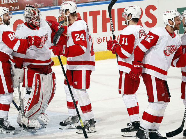 SUNRISE, FL - FEBRUARY 7: The Detroit Red Wings celebrate their 4-1 win over the Florida Panthers at the BB&T Center on February 7, 2021 in Sunrise, Florida.