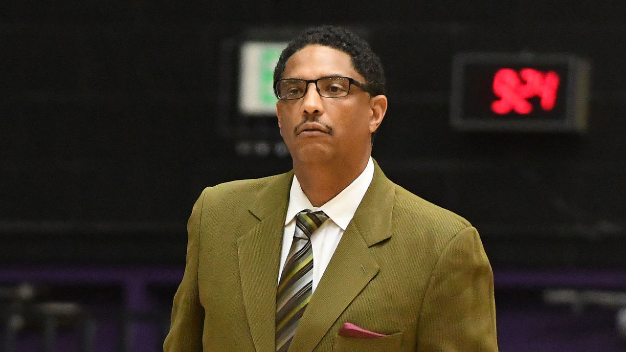 PORTLAND, OR - DECEMBER 05: University of Texas Rio Grande Valley Head Coach Lew Hill on the sideline during a non-conference NCAA basketball game between the Portland Pilots and Texas Rio Grande Valley Vaqueros on December 5, 2016, at the Chiles Center in Portland, OR. University of Portland beat UTRGV 90-89 in double overtime.