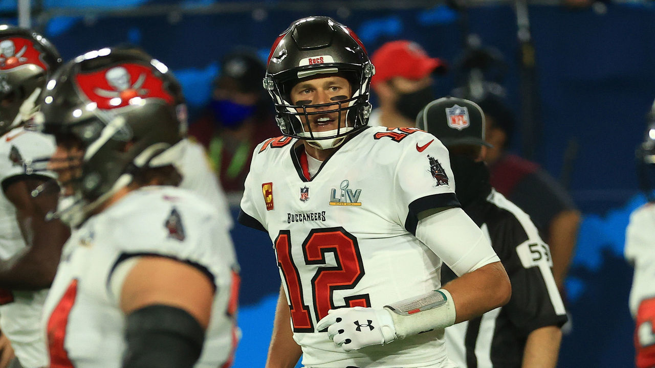 TAMPA, FLORIDA - FEBRUARY 07: Tom Brady #12 of the Tampa Bay Buccaneers celebrates following a touchdown during the first quarter against the Kansas City Chiefs in Super Bowl LV at Raymond James Stadium on February 07, 2021 in Tampa, Florida.