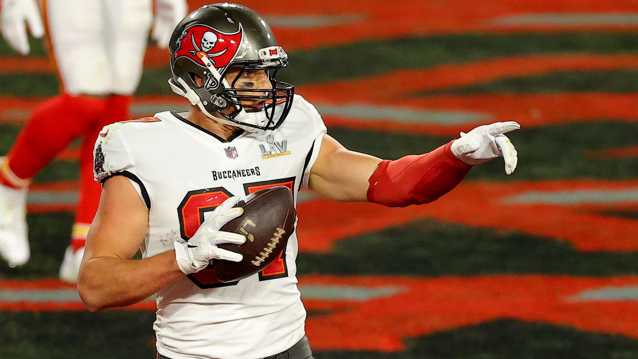 TAMPA, FLORIDA - FEBRUARY 07: Rob Gronkowski #87 of the Tampa Bay Buccaneers celebrates a touchdown during the second quarter against the Kansas City Chiefs in Super Bowl LV at Raymond James Stadium on February 07, 2021 in Tampa, Florida.