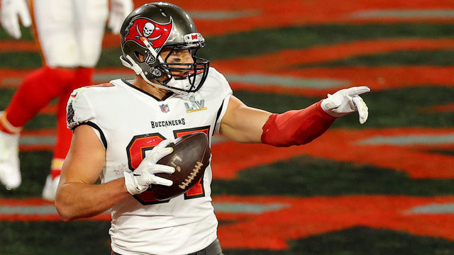 TAMPA, FLORIDA - FEBRUARY 07: Rob Gronkowski #87 of the Tampa Bay Buccaneers celebrates a touchdown during the second quarter against the Kansas City Chiefs in Super Bowl LV at Raymond James Stadium on February 07, 2021 in Tampa, Florida.