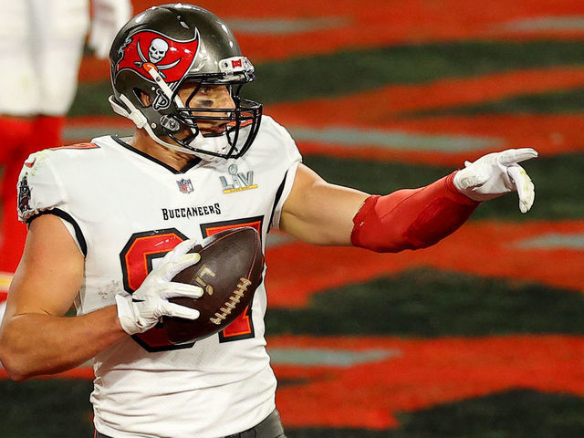 TAMPA, FLORIDA - FEBRUARY 07: Rob Gronkowski #87 of the Tampa Bay Buccaneers celebrates a touchdown during the second quarter against the Kansas City Chiefs in Super Bowl LV at Raymond James Stadium on February 07, 2021 in Tampa, Florida.