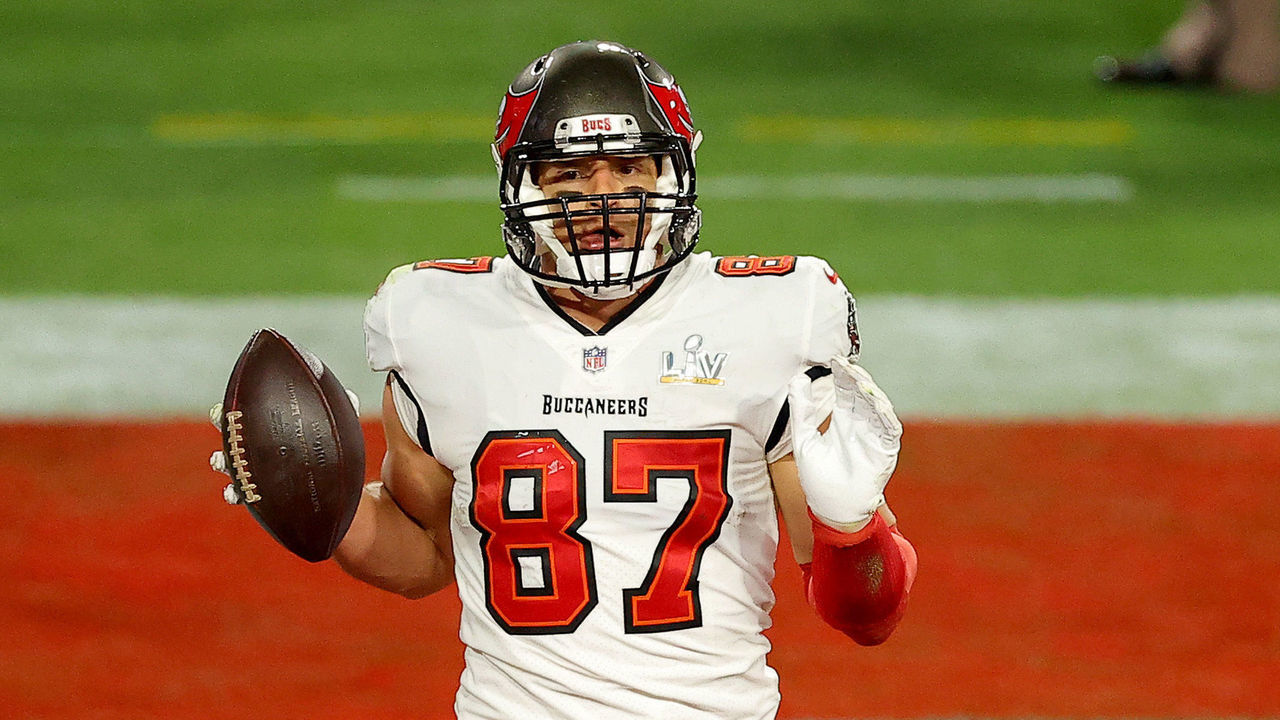 TAMPA, FLORIDA - FEBRUARY 07: Rob Gronkowski #87 of the Tampa Bay Buccaneers reacts after scoring a 17 yard touchdown in the second quarter against the Kansas City Chiefs in Super Bowl LV at Raymond James Stadium on February 07, 2021 in Tampa, Florida.