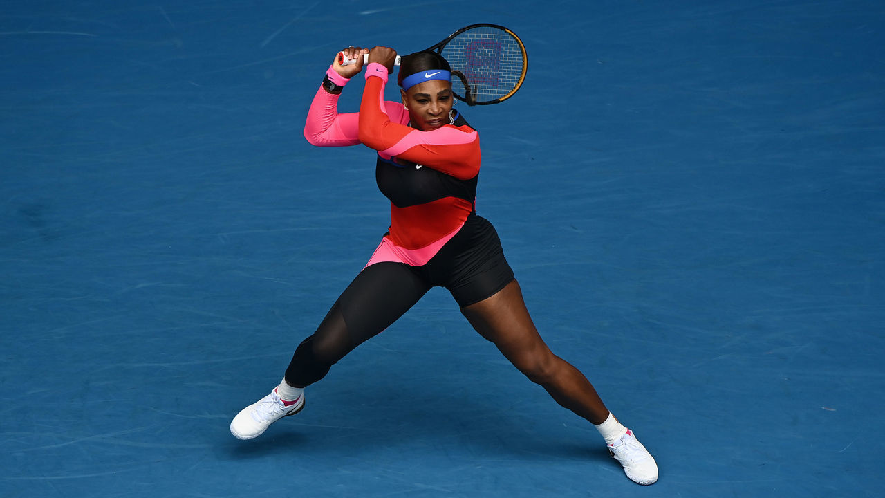 MELBOURNE, AUSTRALIA - FEBRUARY 08: Serena Williams of The United States of America plays a backhand in her Women's Singles first round match against Laura Siegemund of Germany during day one of the 2021 Australian Open at Melbourne Park on February 08, 2021 in Melbourne, Australia.