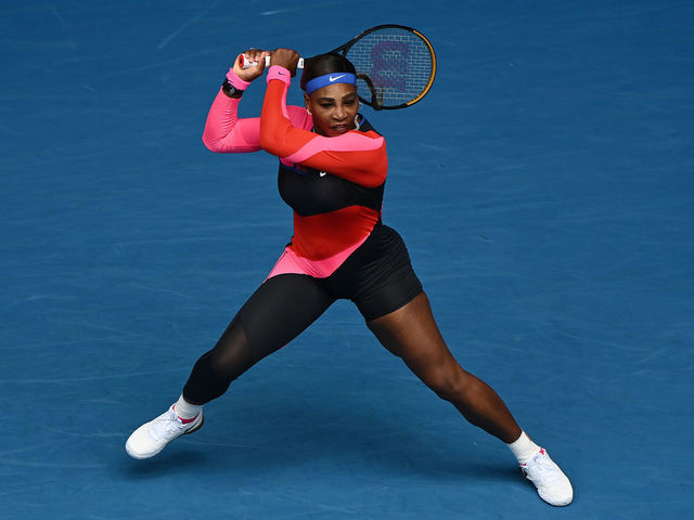 MELBOURNE, AUSTRALIA - FEBRUARY 08: Serena Williams of The United States of America plays a backhand in her Women's Singles first round match against Laura Siegemund of Germany during day one of the 2021 Australian Open at Melbourne Park on February 08, 2021 in Melbourne, Australia.