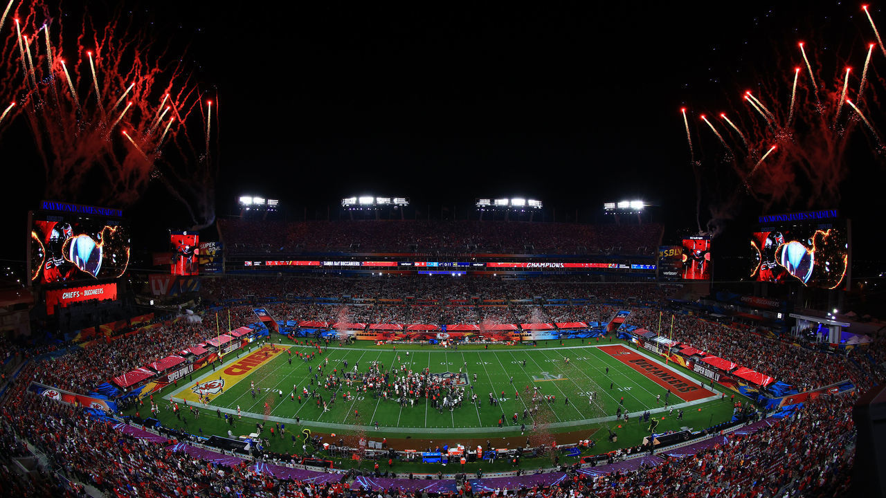 TAMPA, FLORIDA - FEBRUARY 07: Fireworks erupt after the Tampa Bay Buccaneers defeated the Kansas City Chiefs in Super Bowl LV at Raymond James Stadium on February 07, 2021 in Tampa, Florida. The Buccaneers defeated the Chiefs 31-9.