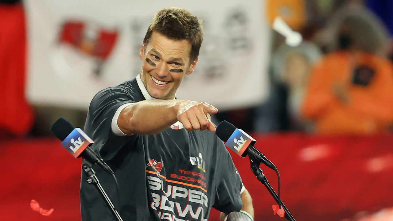 TAMPA, FLORIDA - FEBRUARY 07: Tom Brady #12 of the Tampa Bay Buccaneers signals after winning Super Bowl LV at Raymond James Stadium on February 07, 2021 in Tampa, Florida.