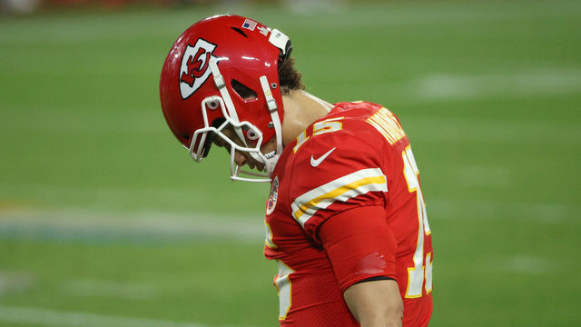 TAMPA, FLORIDA - FEBRUARY 07: Patrick Mahomes #15 of the Kansas City Chiefs walks with his head down in the fourth quarter against the Tampa Bay Buccaneers in Super Bowl LV at Raymond James Stadium on February 07, 2021 in Tampa, Florida.