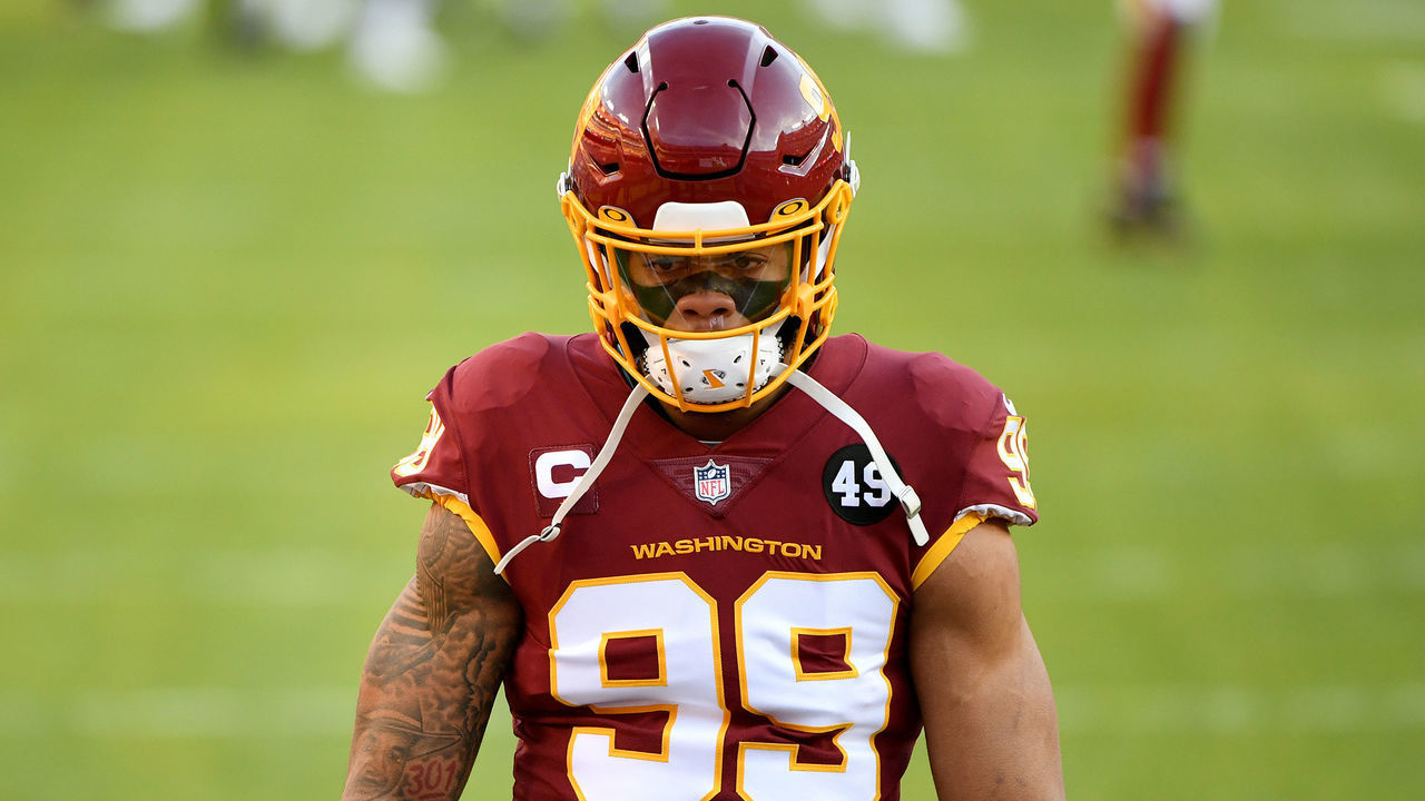 LANDOVER, MARYLAND - DECEMBER 27: Chase Young #99 of the Washington Football Team warms up prior to the game against the Carolina Panthers at FedExField on December 27, 2020 in Landover, Maryland.