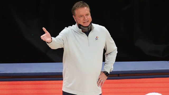INDIANAPOLIS, INDIANA - DECEMBER 01: Bill Self the head coach of the Kansas Jayhawks gives instructions to his team against the Kentucky Wildcats in the State Farm Champions Classic at Bankers Life Fieldhouse on December 01, 2020 in Indianapolis, Indiana.