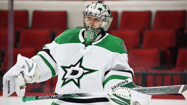 RALEIGH, NC - JANUARY 30: Anton Khudobin #35 of the Dallas Stars skates back toward the crease during an NHL game against the Carolina Hurricanes on January 30, 2021 at PNC Arena in Raleigh, North Carolina.