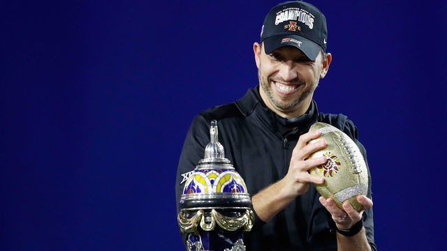 GLENDALE, ARIZONA - JANUARY 02: Head coach Matt Campbell of the Iowa State Cyclones celebrates with the Fiesta Bowl trophy following the PlayStation Fiesta Bowl against the Oregon Ducks at State Farm Stadium on January 02, 2021 in Glendale, Arizona. The Cyclones defeated the Ducks 34-17.