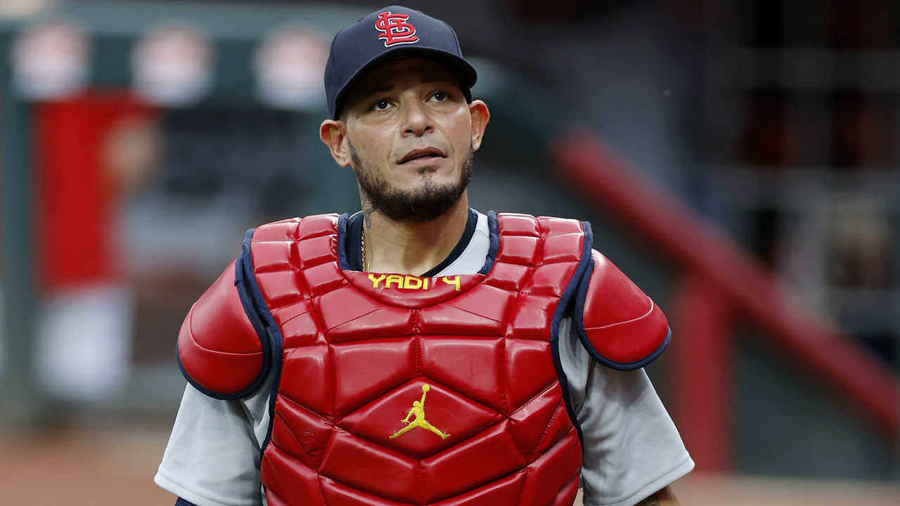 CINCINNATI, OH - SEPTEMBER 02: Yadier Molina #4 of the St Louis Cardinals looks on prior to a game against the Cincinnati Reds at Great American Ball Park on September 2, 2020 in Cincinnati, Ohio. The Reds won 4-3.
