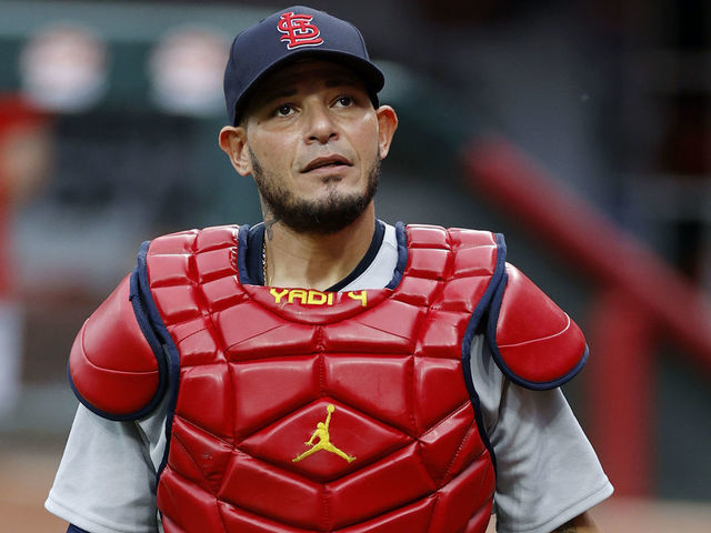 CINCINNATI, OH - SEPTEMBER 02: Yadier Molina #4 of the St Louis Cardinals looks on prior to a game against the Cincinnati Reds at Great American Ball Park on September 2, 2020 in Cincinnati, Ohio. The Reds won 4-3.