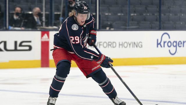 COLUMBUS, OH - FEBRUARY 08: Columbus Blue Jackets right wing Patrik Laine #29 sakes with the puck during the game between the Columbus Blue Jackets and the Carolina Hurricanes at Nationwide Arena in Columbus, Ohio on February 8, 2021.