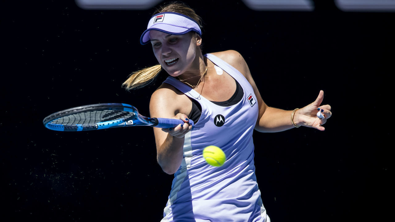 MELBOURNE, VIC - FEBRUARY 09: Sofia Kenin of the United States of America returns the ball during round 1 of the 2021 Australian Open on February 9 2020, at Melbourne Park in Melbourne, Australia.