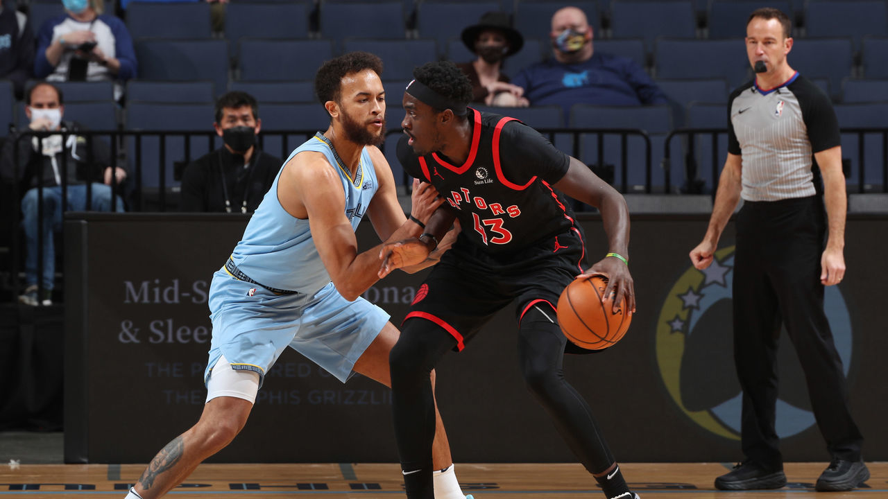 MEMPHIS, TN - FEBRUARY 8: Pascal Siakam #43 of the Toronto Raptors handles the ball during the game against the Memphis Grizzlies on February 8, 2021 at FedExForum in Memphis, Tennessee. Mandatory Copyright Notice: Copyright 2021 NBAE