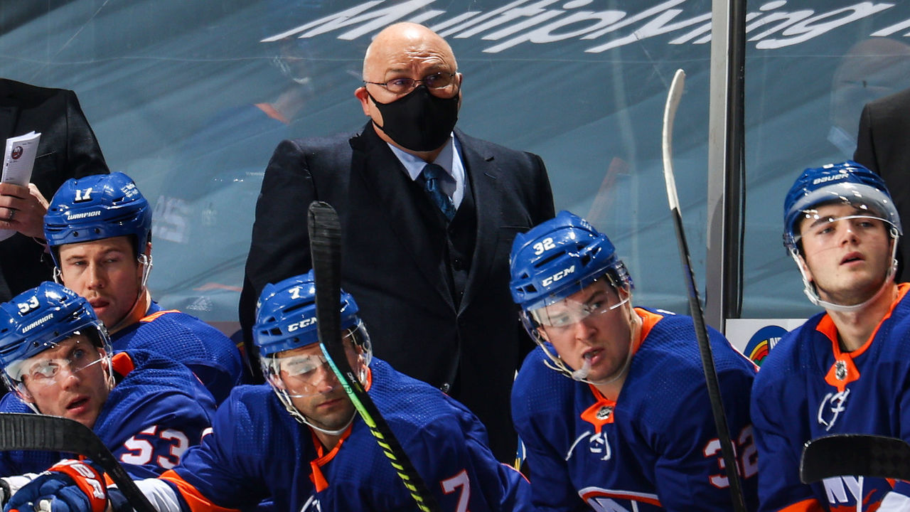 UNIONDALE, NEW YORK - JANUARY 21: Head coach Barry Trotz of the New York Islanders looks on during the second period against the New Jersey Devils at Nassau Coliseum on January 21, 2021 in Uniondale, New York.