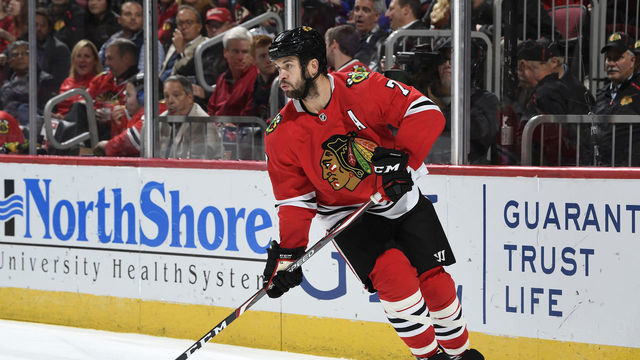 CHICAGO, IL - OCTOBER 22: Brent Seabrook #7 of the Chicago Blackhawks handles the puck in the second period against the Vegas Golden Knights at the United Center on October 22, 2019 in Chicago, Illinois. The Vegas Golden Knights defeated the Chicago Blackhawks 2-1.