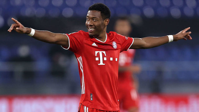 GELSENKIRCHEN, GERMANY - JANUARY 24: David Alaba of Bayern Munich celebrates after scoring their sides fourth goal during the Bundesliga match between FC Schalke 04 and FC Bayern Muenchen at Veltins-Arena on January 24, 2021 in Gelsenkirchen, Germany. Sporting stadiums around Germany remain under strict restrictions due to the Coronavirus Pandemic as Government social distancing laws prohibit fans inside venues resulting in games being played behind closed doors.