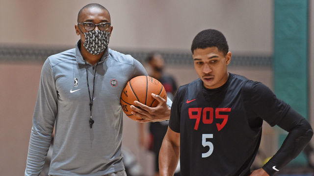 ORLANDO, FL - FEBRUARY 6: Patrick Mutombo of Raptors 905 coaches during practice on February 6, 2021 in Orlando, Florida. NOTE TO USER: User expressly acknowledges and agrees that, by downloading and/or using this photograph, user is consenting to the terms and conditions of the Getty Images License Agreement. Mandatory Copyright Notice: Copyright 2021 NBAE