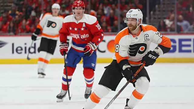 WASHINGTON, DC - MARCH 04: Claude Giroux #28 of the Philadelphia Flyers skates past Nicklas Backstrom #19 of the Washington Capitals during the first period at Capital One Arena on March 4, 2020 in Washington, DC.