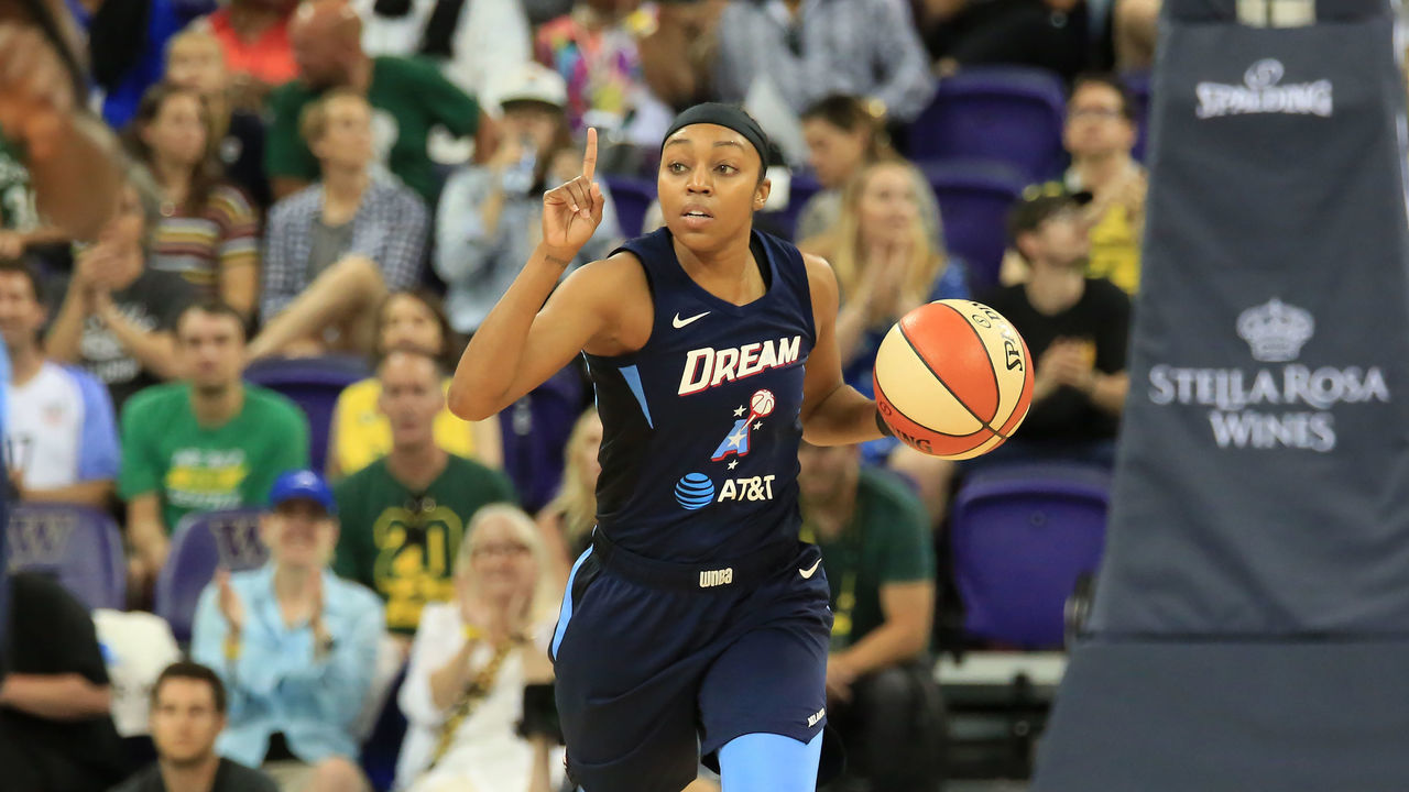SEATTLE, WA - SEPTEMBER 1: Renee Montgomery #21 of the Atlanta Dream handles the ball against the Seattle Storm on September 1, 2019 at the Alaska Airlines Arena Arena, in Seattle, Washington. Mandatory Copyright Notice: Copyright 2019 NBAE