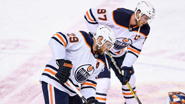 CALGARY, AB - FEBRUARY 06: Edmonton Oilers Center Leon Draisaitl (29) and Edmonton Oilers Center Connor McDavid (97) warm up before an NHL game where the Calgary Flames hosted the Edmonton Oilers on February 6, 2021, at the Scotiabank Saddledome in Calgary, AB.