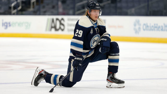 COLUMBUS, OH - FEBRUARY 7: Patrick Laine #29 of the Columbus Blue Jackets warms up prior to the start of the game against the Carolina Hurricanes at Nationwide Arena on February 7, 2021 in Columbus, Ohio.