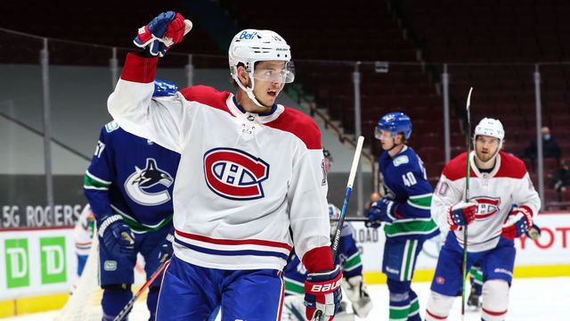 VANCOUVER, BC - JANUARY 20: Montreal Canadiens Center Jesperi Kotkaniemi (15) celebrates scoring a goal against the Vancouver Canucks during their NHL game at Rogers Arena on January 20, 2021 in Vancouver, British Columbia, Canada.