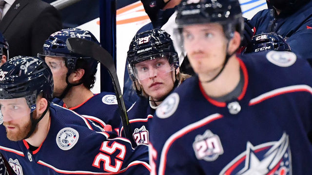 COLUMBUS, OH - FEBRUARY 8: Patrik Laine #29 of the Columbus Blue Jackets sits on the bench in the third period of a game against the Carolina Hurricanes on February 8, 2021 at Nationwide Arena in Columbus, Ohio.