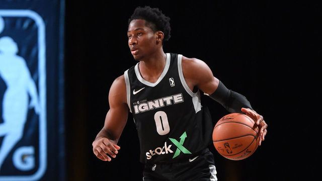 ORLANDO, FL - FEBRUARY 10: Jonathan Kuminga #0 of Team Ignite handles the ball against the Santa Cruz Warriors on February 10, 2021 at AdventHealth Arena in Orlando, Florida. NOTE TO USER: User expressly acknowledges and agrees that, by downloading and/or using this photograph, user is consenting to the terms and conditions of the Getty Images License Agreement. Mandatory Copyright Notice: Copyright 2021 NBAE