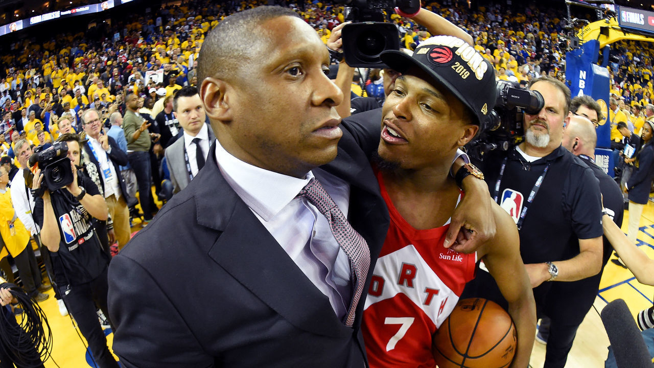 OAKLAND, CA - JUNE 13: President of Basketball Operations Masai Ujiri and Kyle Lowry #7 of the Toronto Raptors celebrate after Game Six of the NBA Finals against the Golden State Warriors on June 13, 2019 at ORACLE Arena in Oakland, California. NOTE TO USER: User expressly acknowledges and agrees that, by downloading and/or using this photograph, user is consenting to the terms and conditions of Getty Images License Agreement. Mandatory Copyright Notice: Copyright 2019 NBAE