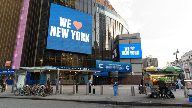 NEW YORK, NEW YORK - AUGUST 29: A 'we love New York' is displayed on a billboard outside the Madison Square Garden as the city continues Phase 4 of re-opening following restrictions imposed to slow the spread of coronavirus on August 29, 2020 in New York City. The fourth phase allows outdoor arts and entertainment, sporting events without fans and media production.